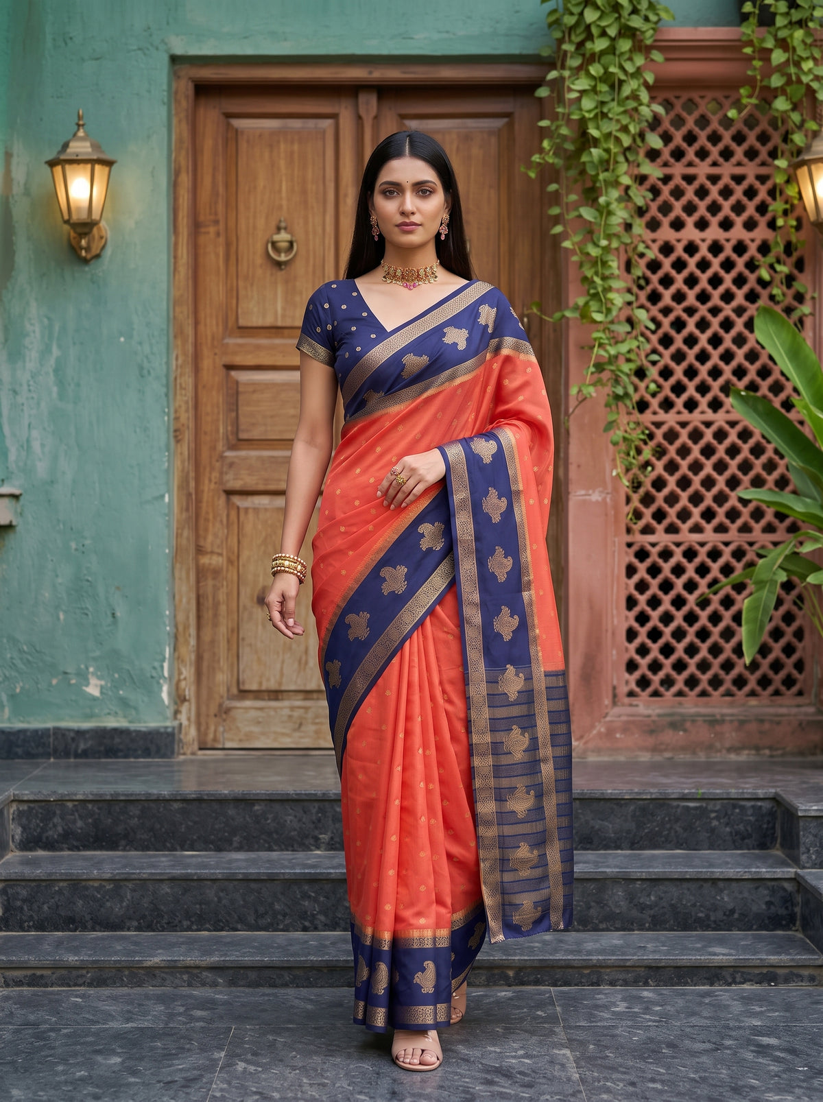MIMOSA Peach Mysore Silk Crepe Saree — pose 6 styling detail