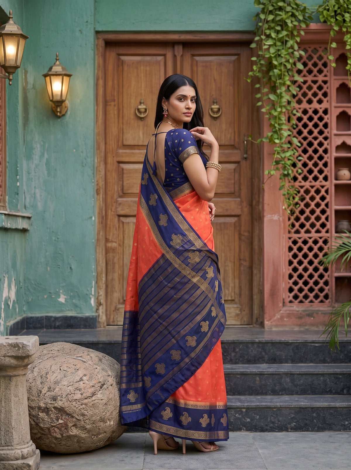 MIMOSA Peach Mysore Silk Crepe Saree — pose 7 styling detail