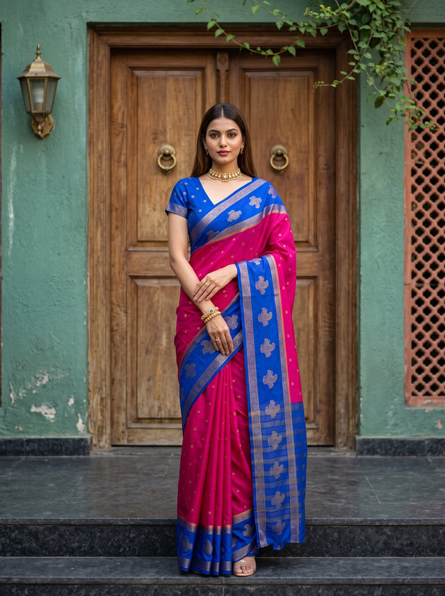 MIMOSA Rani Mysore Silk Crepe Saree — front view on mannequin