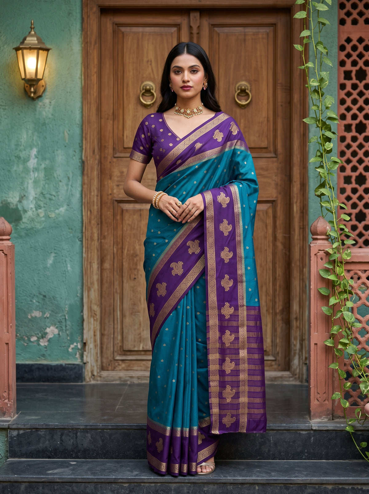 MIMOSA Sapphire Mysore Silk Crepe Saree — front view on mannequin