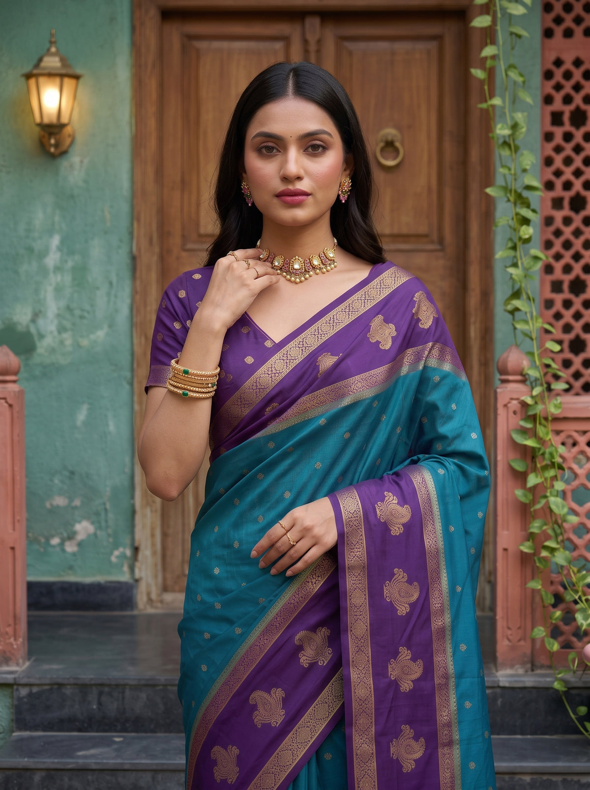 MIMOSA Sapphire Mysore Silk Crepe Saree — pose 10 styling detail