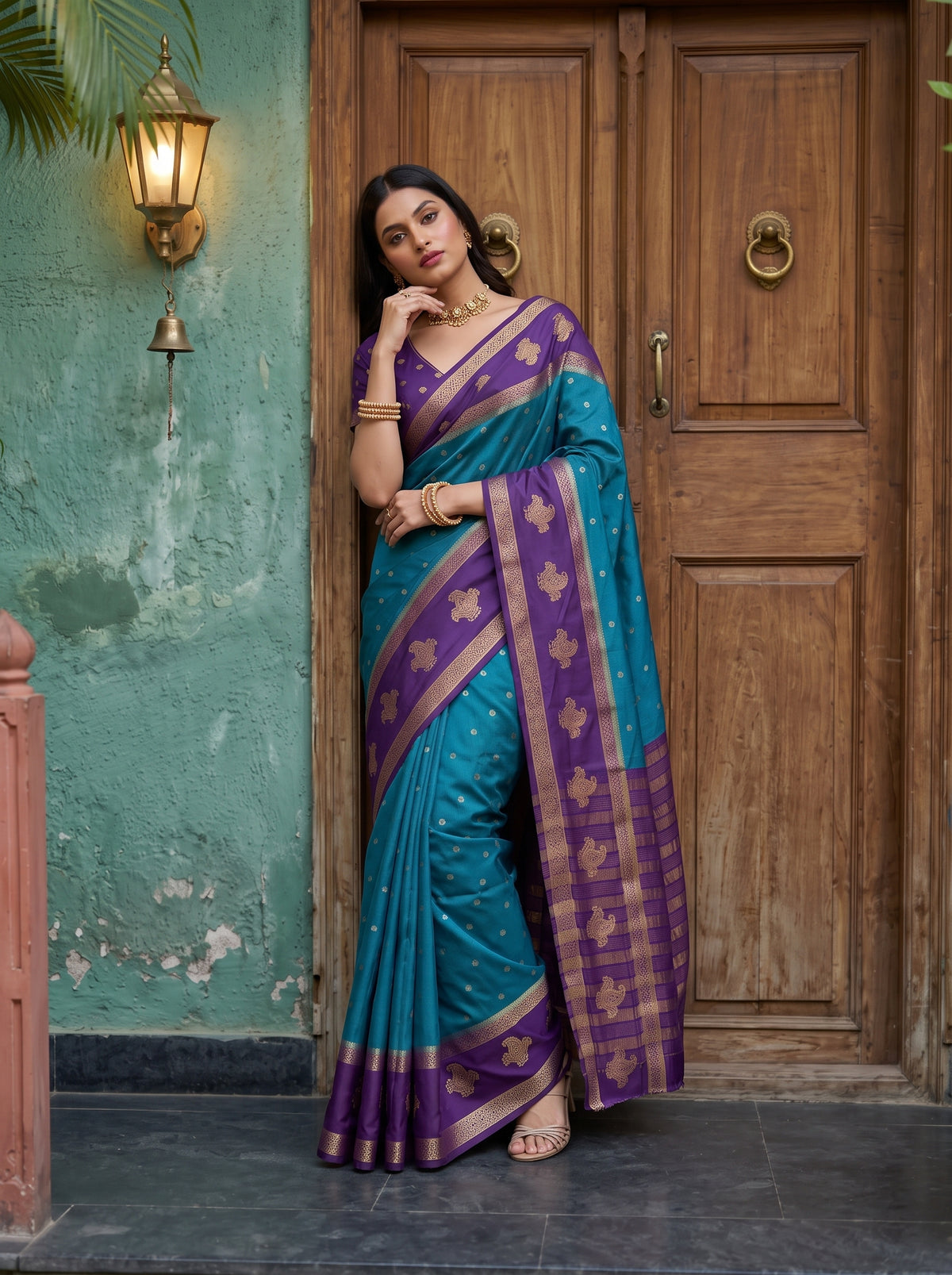 MIMOSA Sapphire Mysore Silk Crepe Saree — pose 5 styling detail