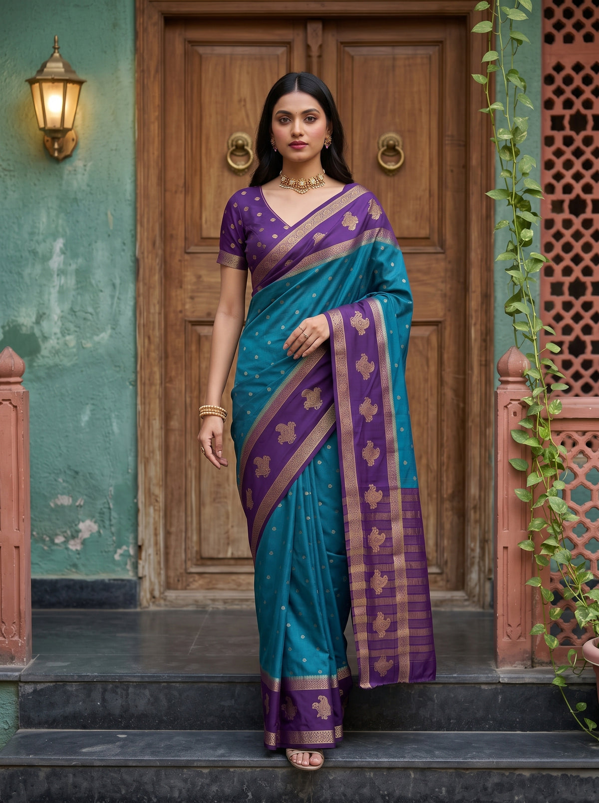 MIMOSA Sapphire Mysore Silk Crepe Saree — pose 6 styling detail