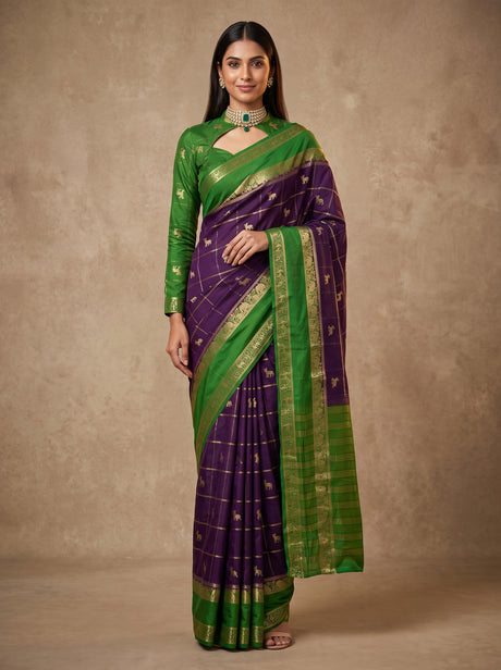 MIMOSA Jamun Mysore Silk Saree — front view on mannequin