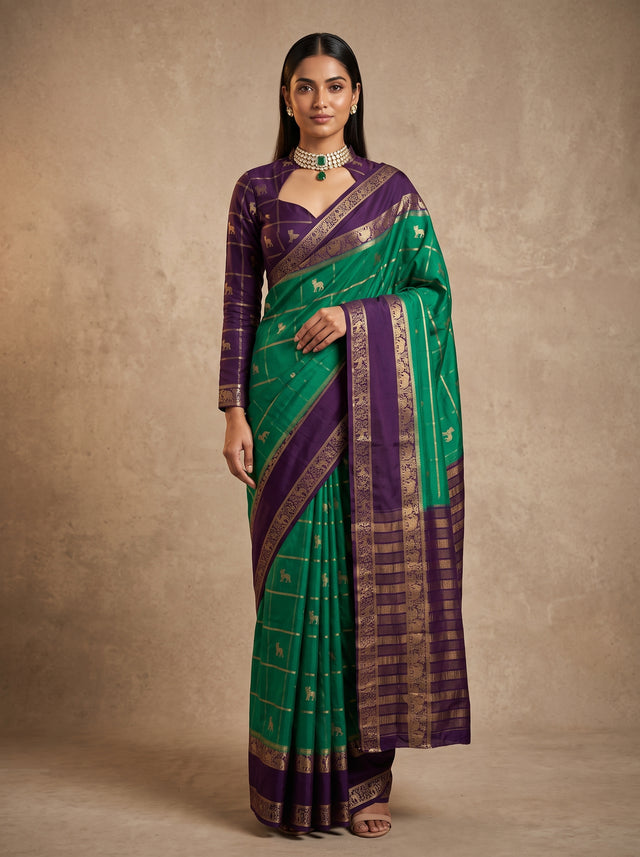 MIMOSA Rama Mysore Silk Saree — front view on mannequin