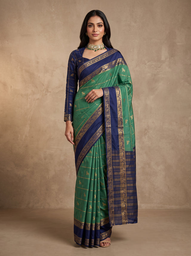MIMOSA Sapphire Mysore Silk Saree — front view on mannequin