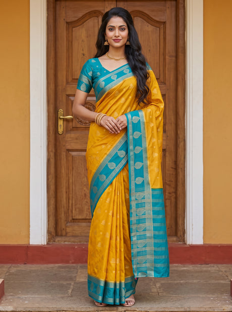 MIMOSA Gold Mysore Silk Saree — front view on mannequin