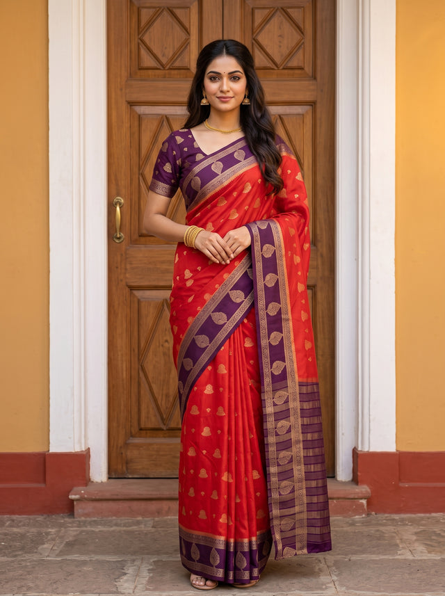MIMOSA Orange Mysore Silk Saree — front view on mannequin