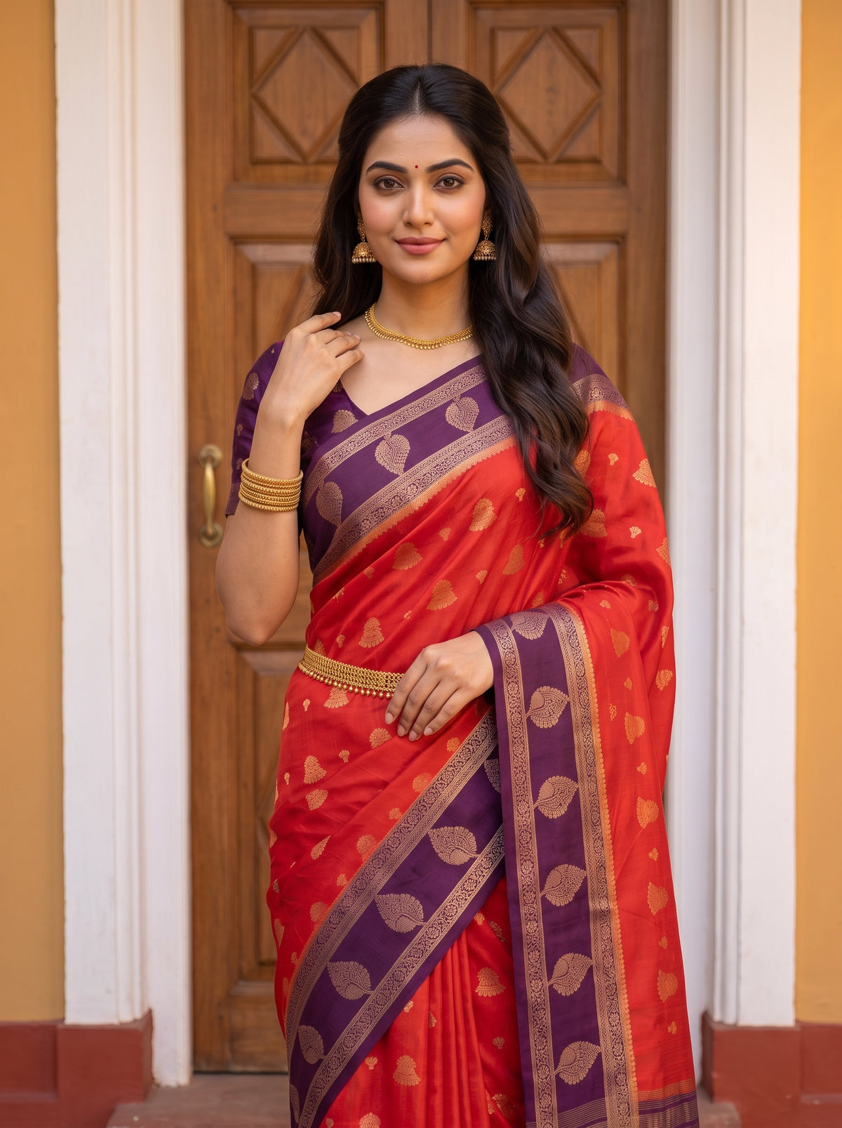 MIMOSA Orange Mysore Silk Saree — pose 10 styling detail