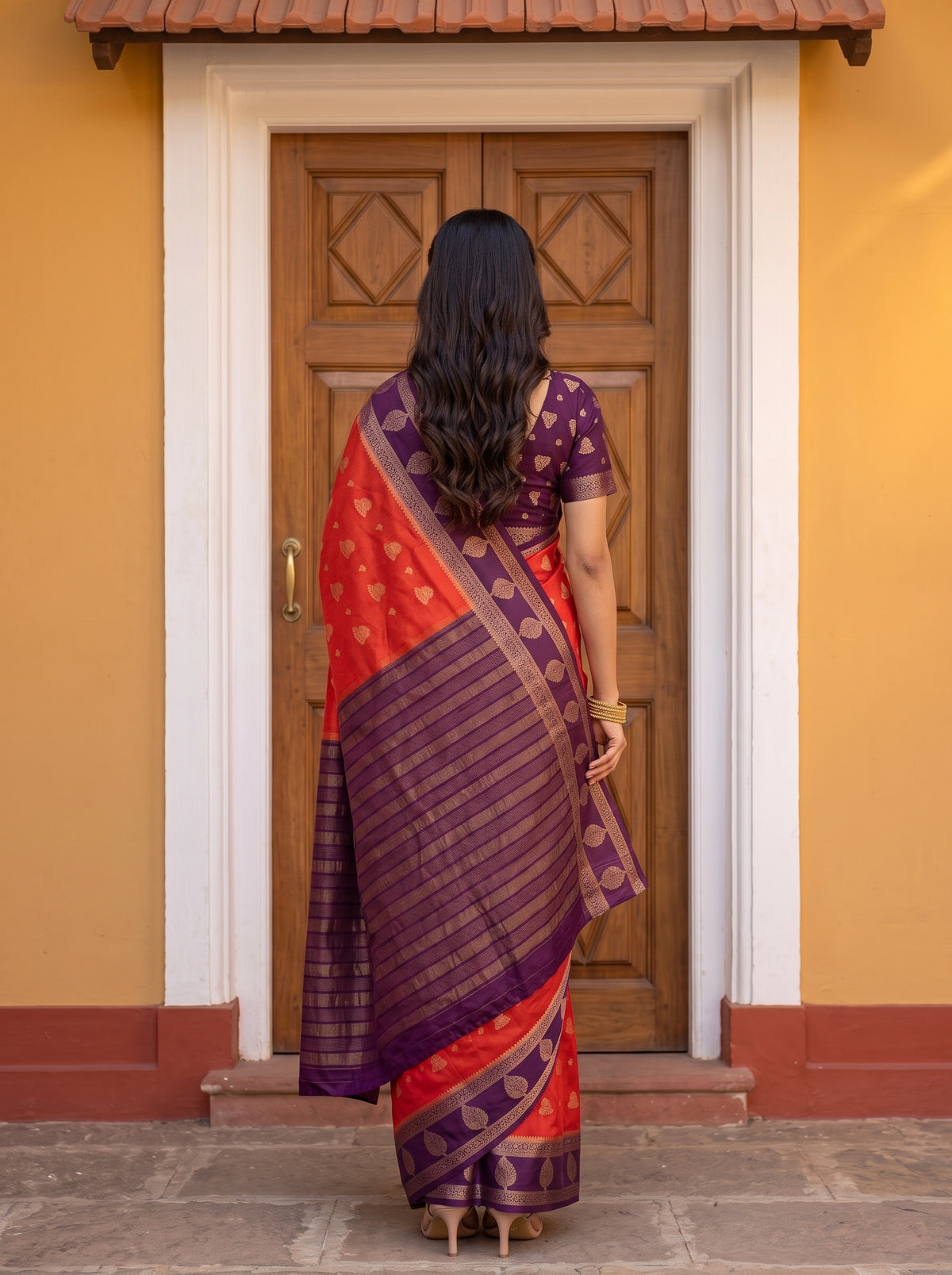 MIMOSA Orange Mysore Silk Saree — pose 2 styling detail