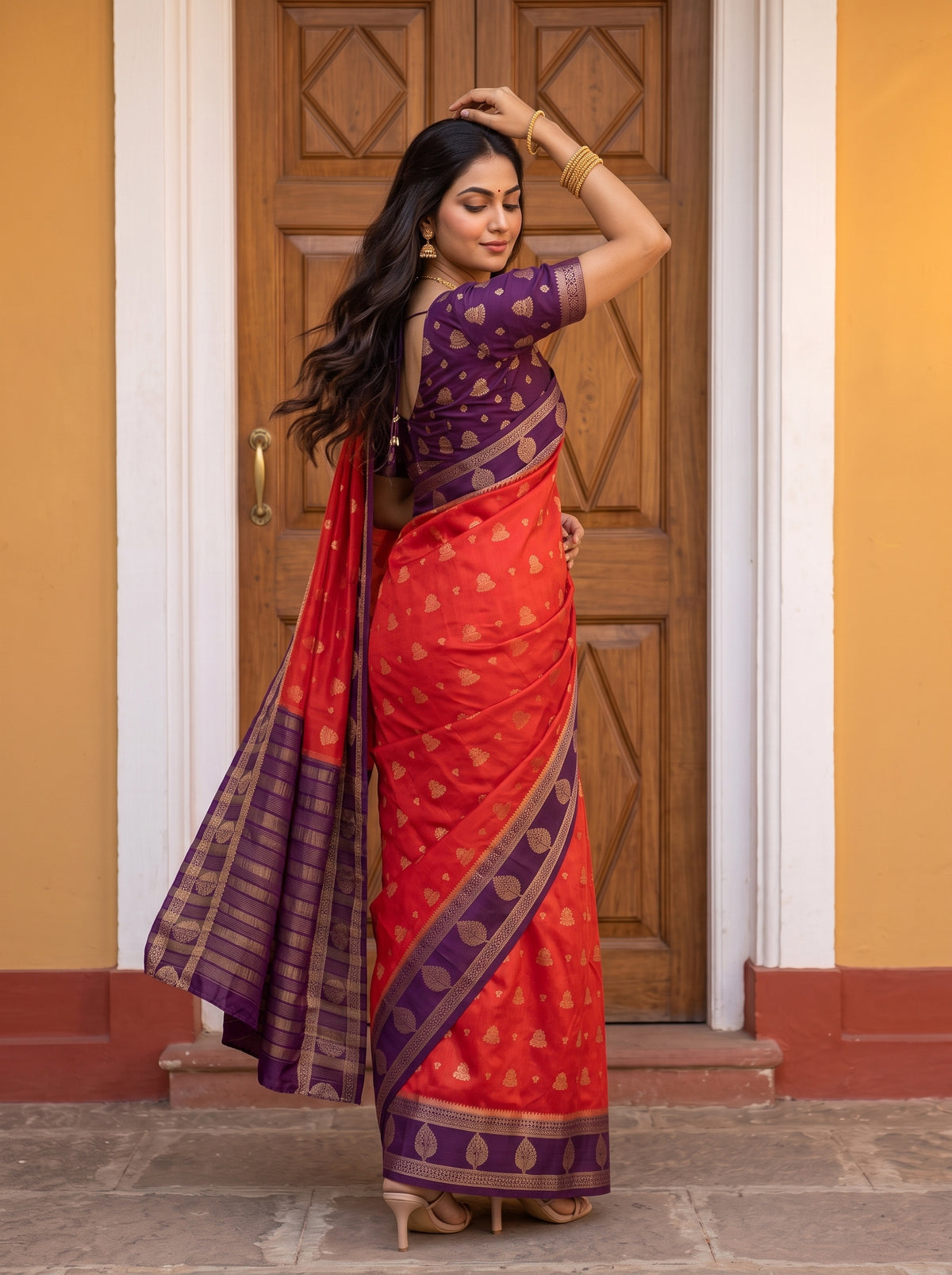 MIMOSA Orange Mysore Silk Saree — pose 9 styling detail