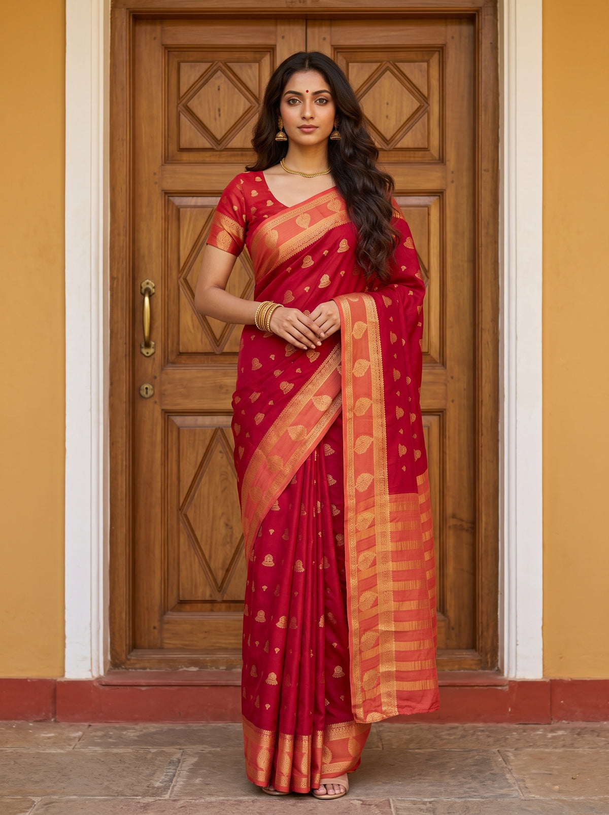 MIMOSA Red Mysore Silk Saree — front view on mannequin