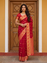 MIMOSA Red Mysore Silk Saree — front view on mannequin