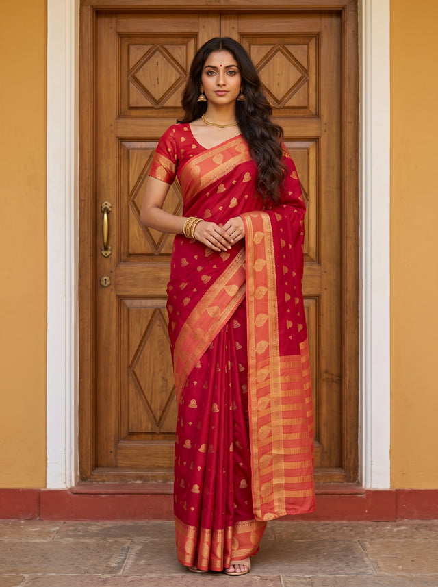 MIMOSA Red Mysore Silk Saree — front view on mannequin