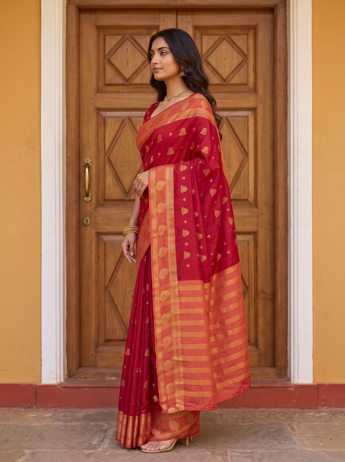 MIMOSA Red Mysore Silk Saree — pose 3 styling detail