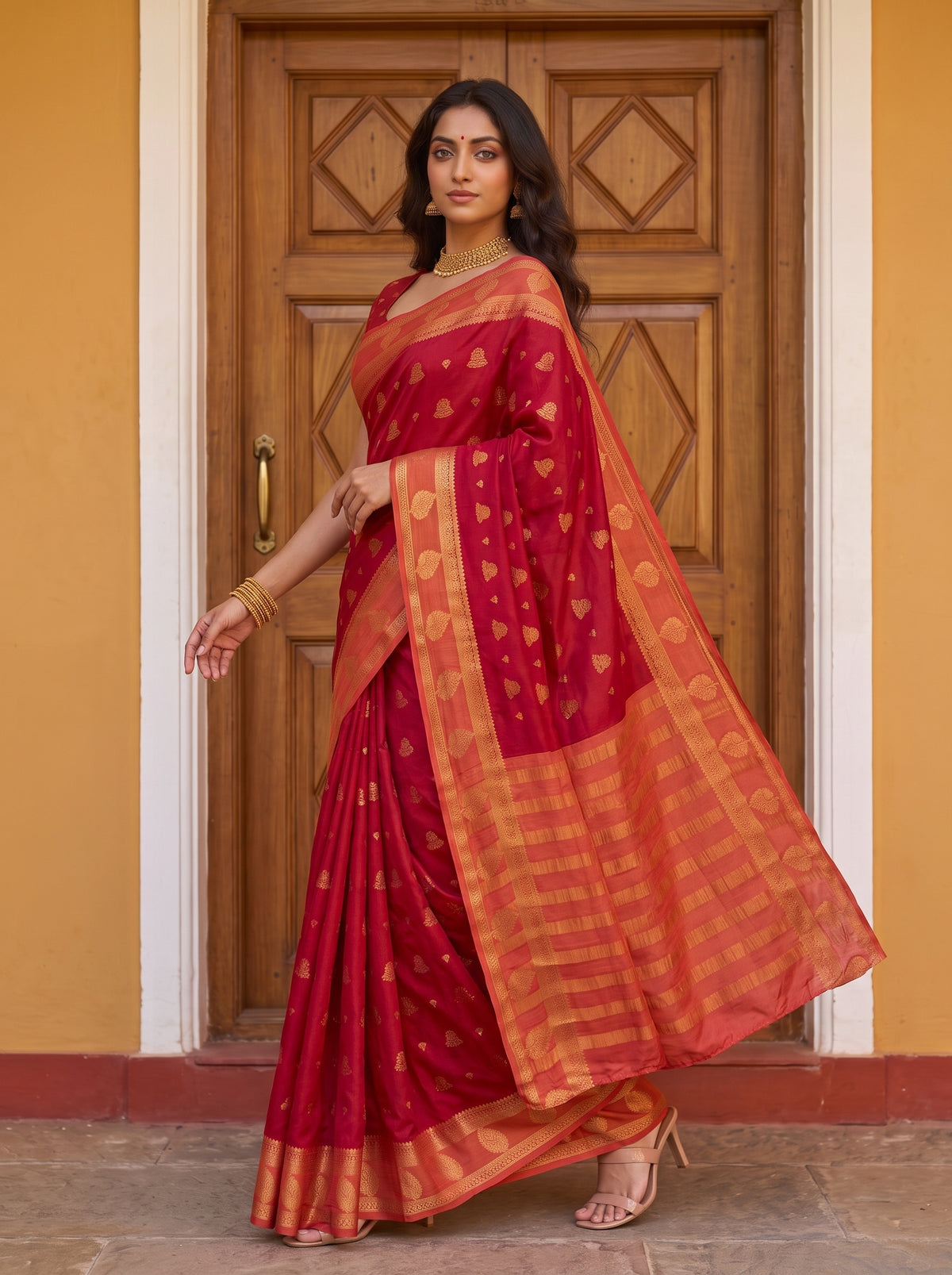MIMOSA Red Mysore Silk Saree — pose 5 styling detail