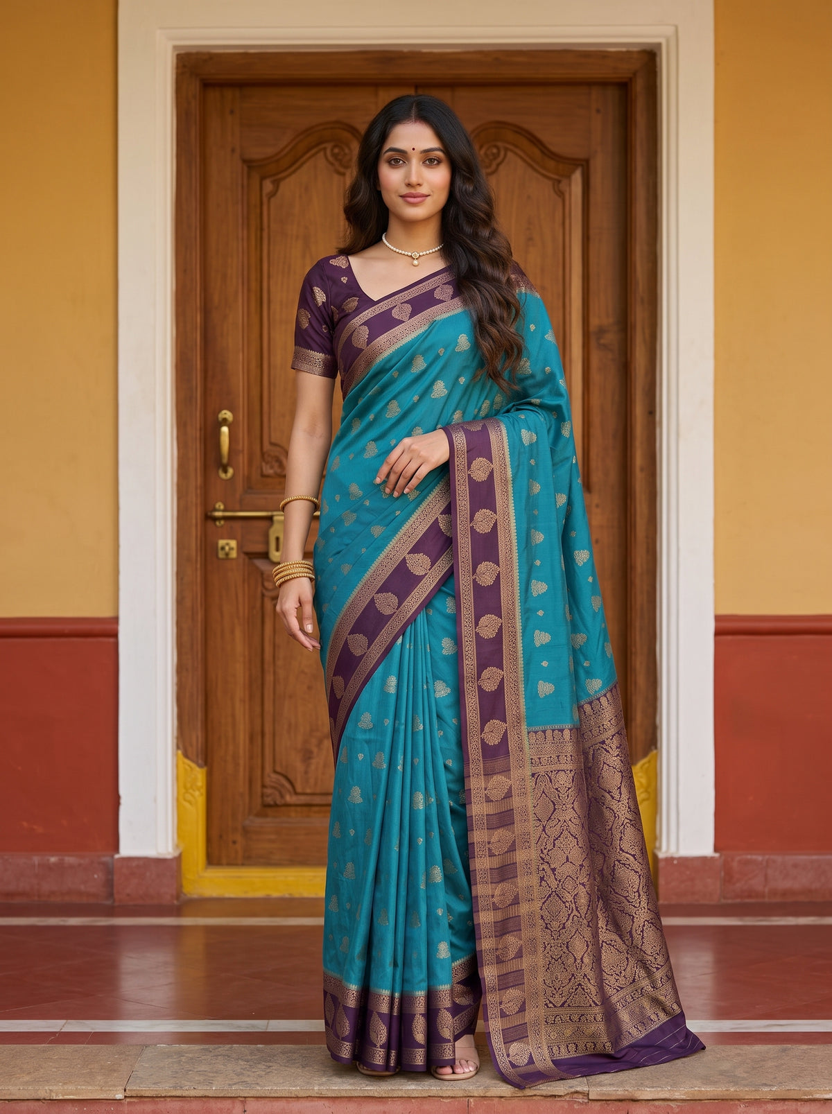 MIMOSA Sapphire Mysore Silk Saree — front view on mannequin
