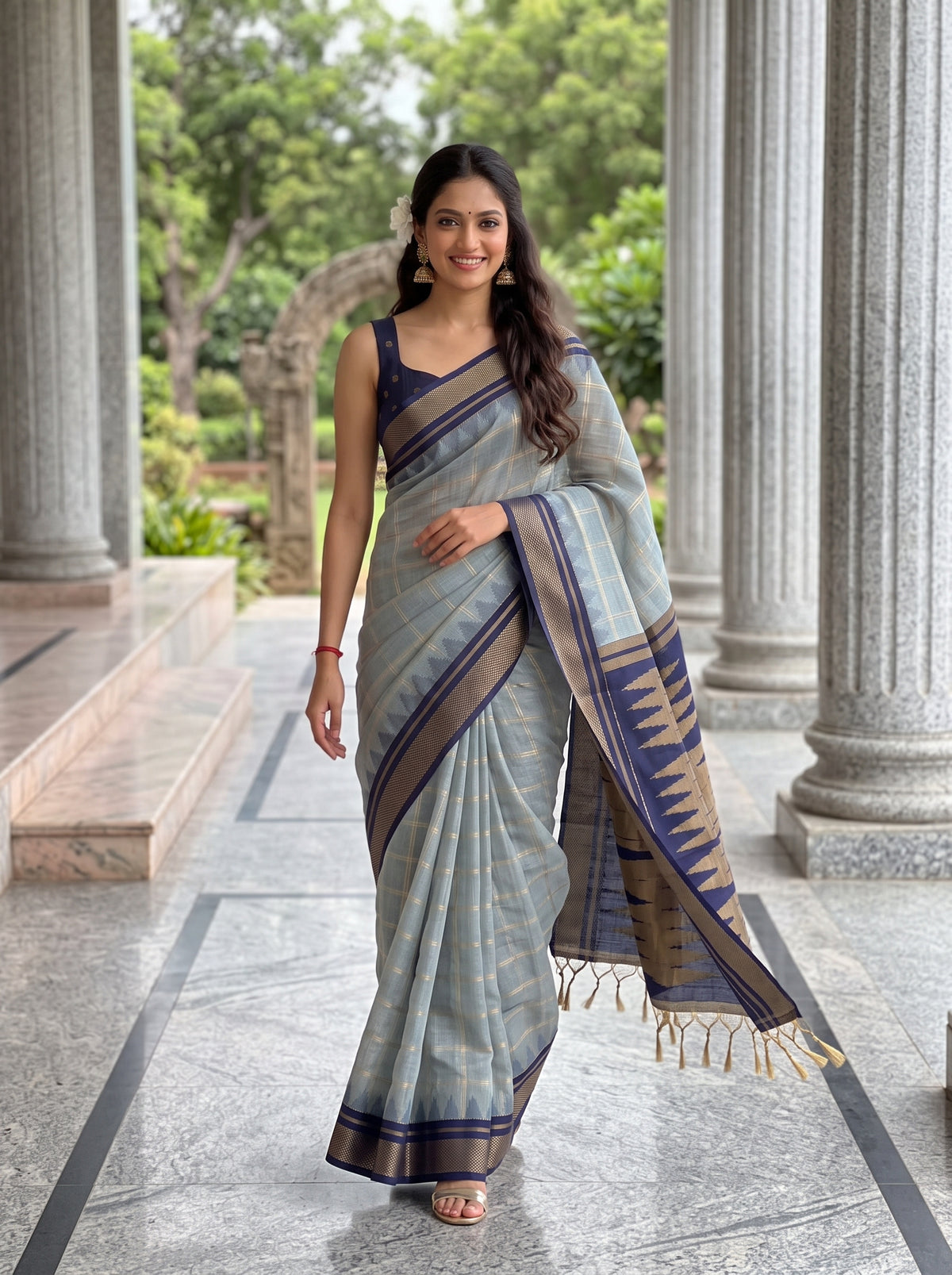 MIMOSA Grey Banarasi Saree — pose 6 styling detail