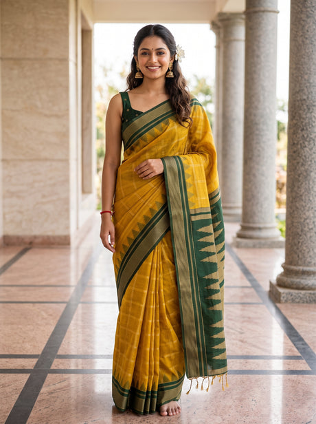 MIMOSA Mustard Banarasi Saree — front view on mannequin