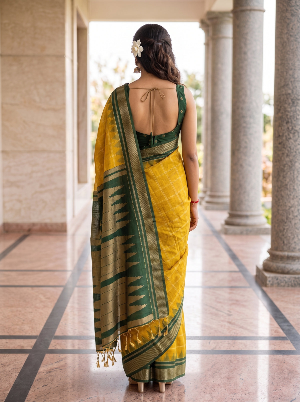 MIMOSA Mustard Banarasi Saree — pose 2 styling detail