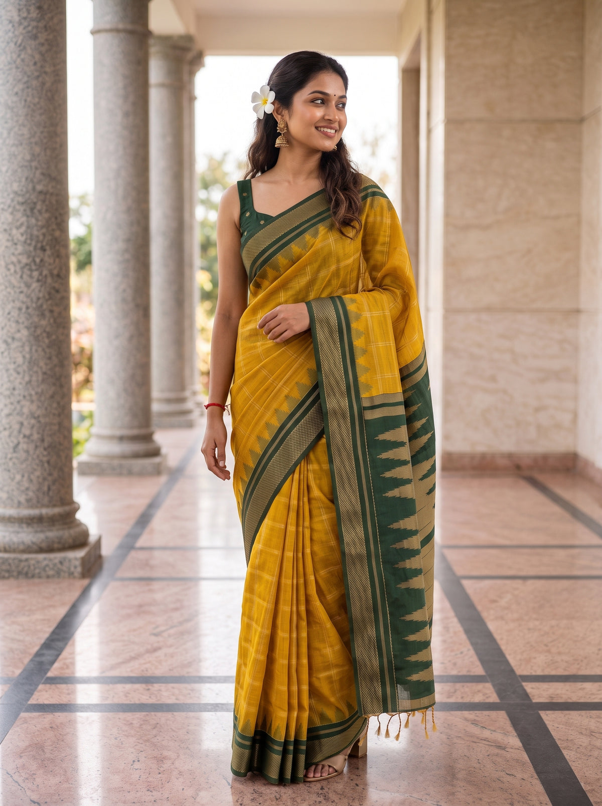 MIMOSA Mustard Banarasi Saree — pose 5 styling detail