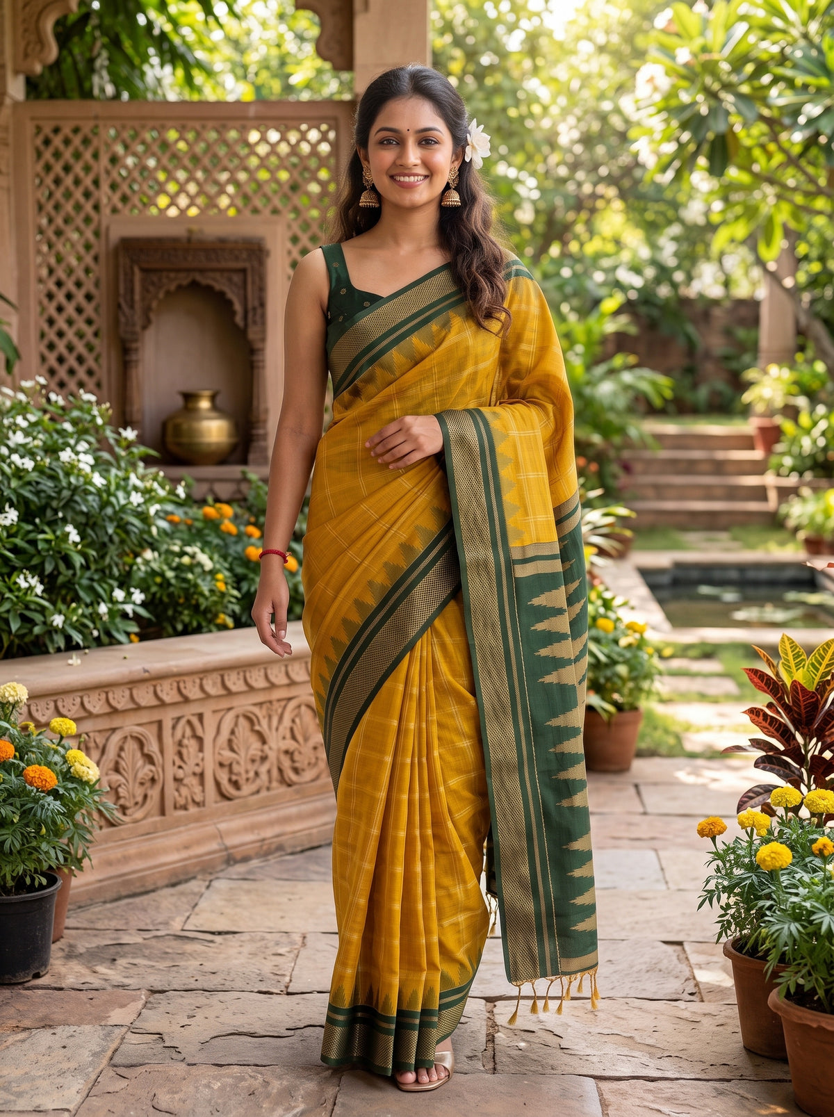 MIMOSA Mustard Banarasi Saree — pose 6 styling detail