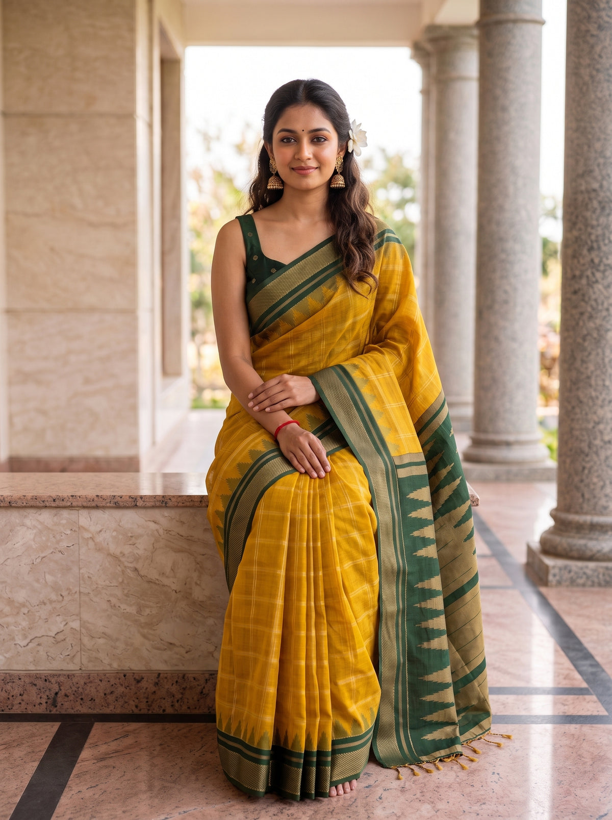 MIMOSA Mustard Banarasi Saree — pose 8 styling detail