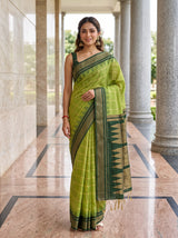 MIMOSA Parrot Green Banarasi Saree — front view on mannequin