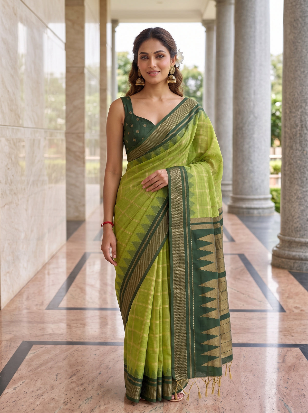 MIMOSA Parrot Green Banarasi Saree — pose 10 styling detail