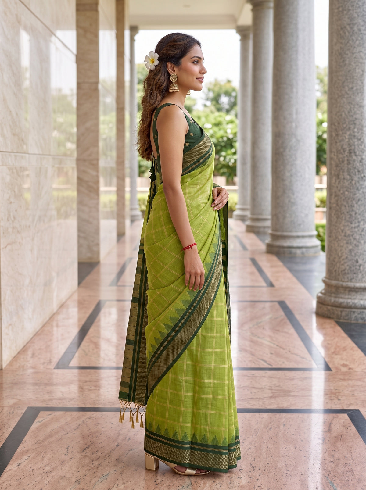 MIMOSA Parrot Green Banarasi Saree — pose 3 styling detail