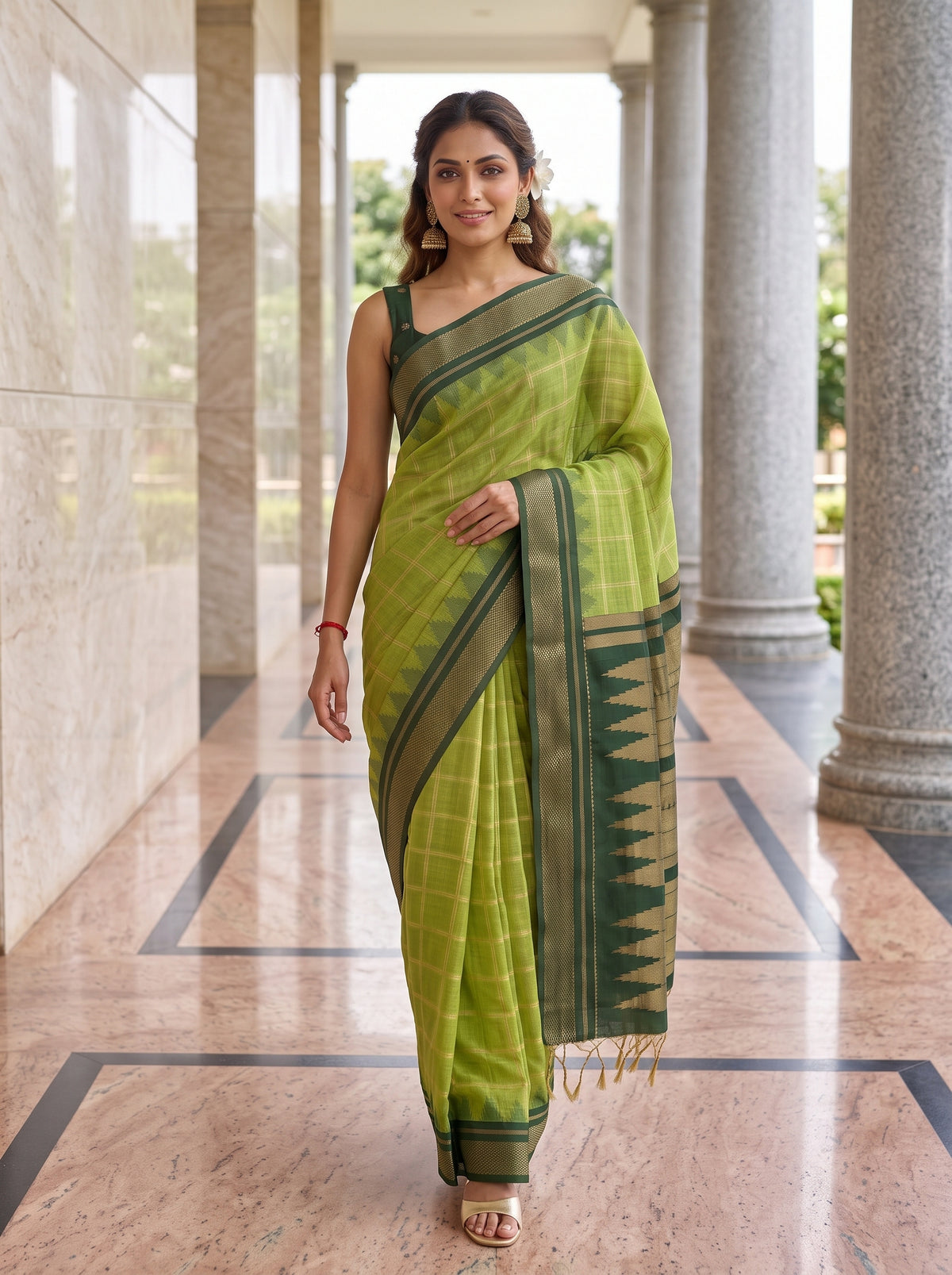 MIMOSA Parrot Green Banarasi Saree — pose 6 styling detail
