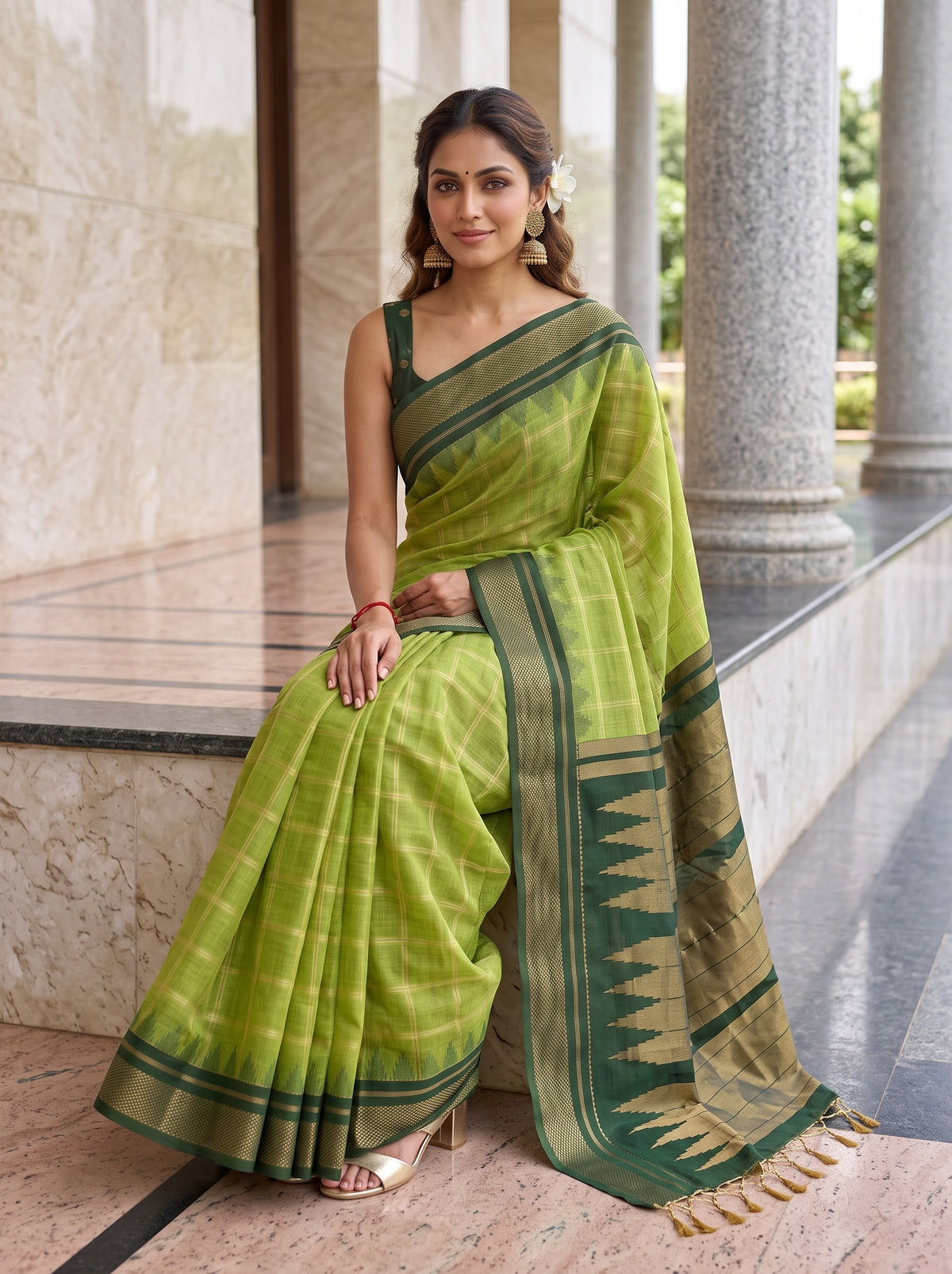 MIMOSA Parrot Green Banarasi Saree — pose 8 styling detail