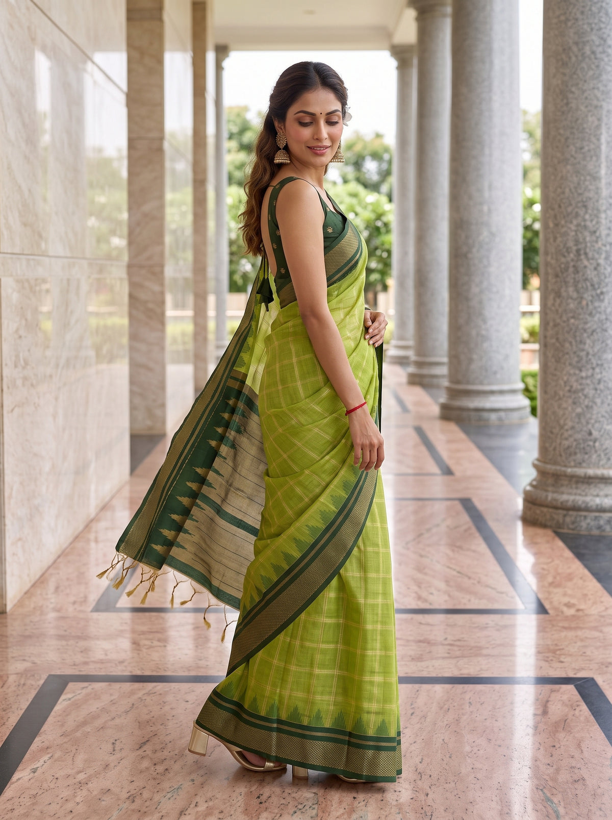 MIMOSA Parrot Green Banarasi Saree — pose 9 styling detail