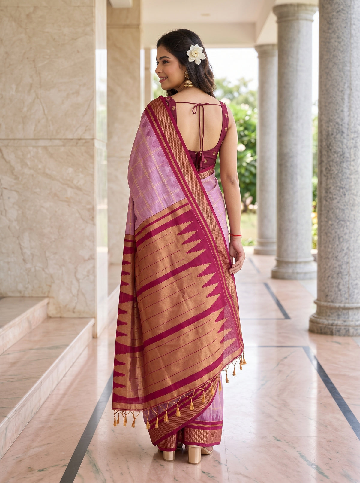 MIMOSA Pink Banarasi Saree — pose 2 styling detail