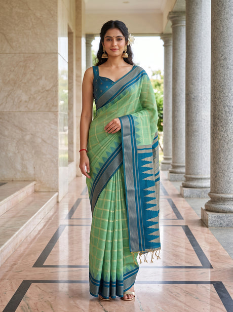 MIMOSA Rama Banarasi Saree — front view on mannequin