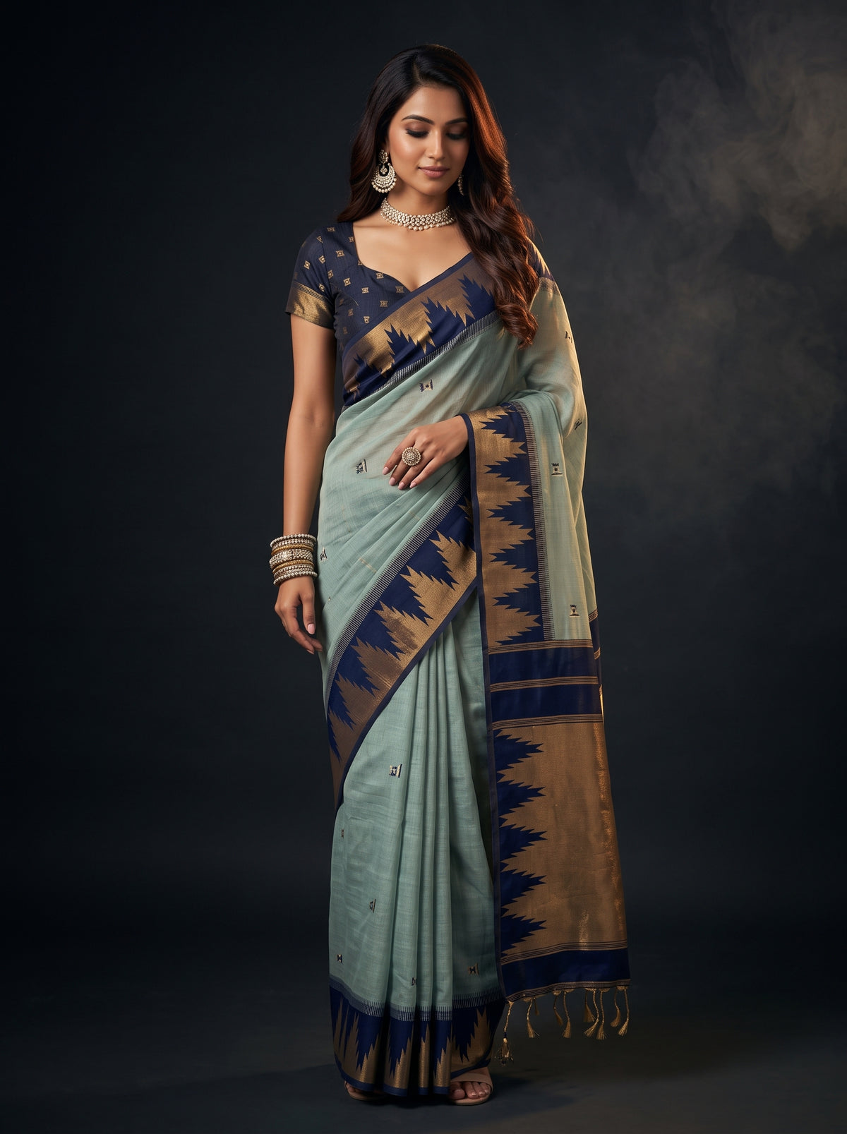 MIMOSA Grey Banarasi Cotton Saree — AI Model lifestyle pose