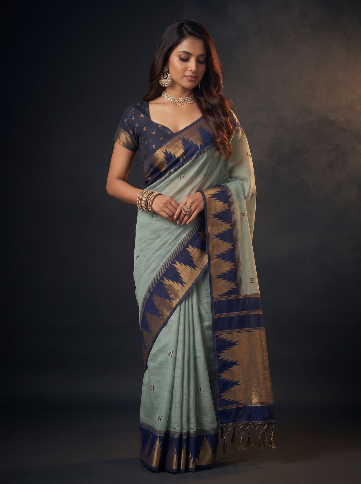 MIMOSA Grey Banarasi Cotton Saree — pose 10 styling detail
