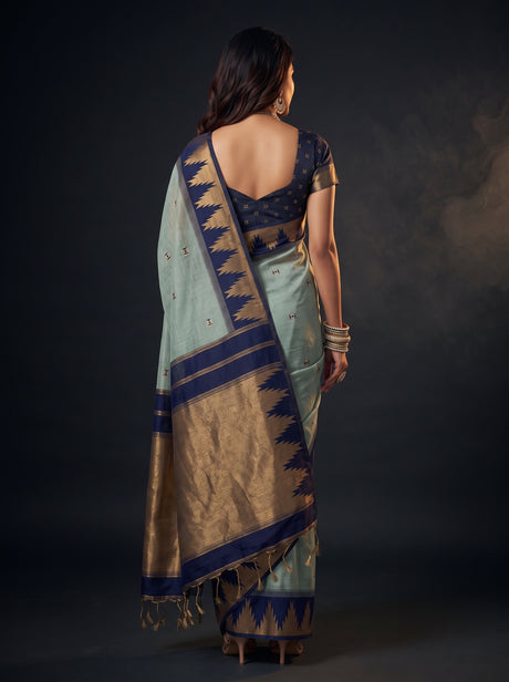 MIMOSA Grey Banarasi Cotton Saree — Saree shot pallu and body