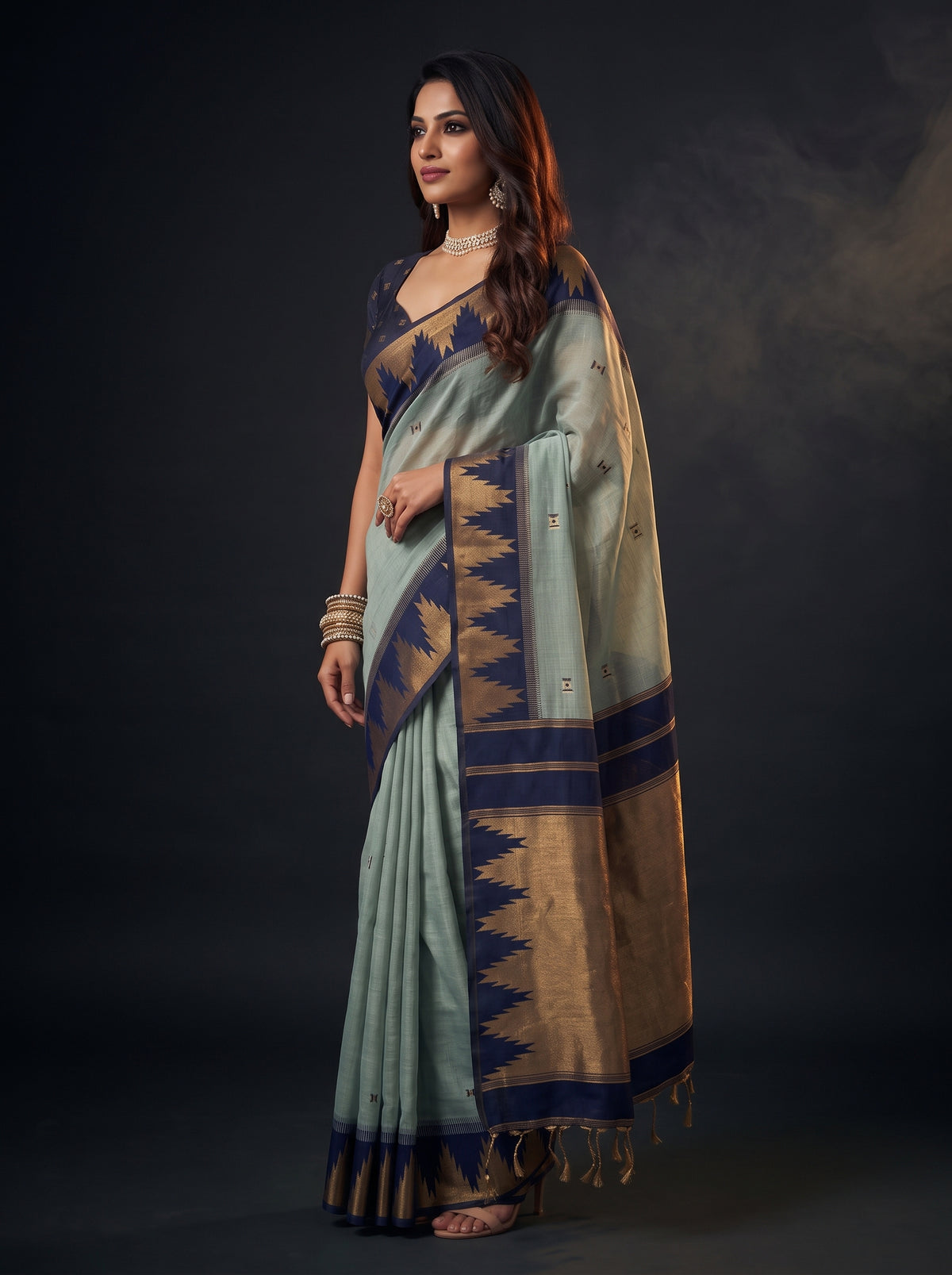 MIMOSA Grey Banarasi Cotton Saree — pose 3 styling detail
