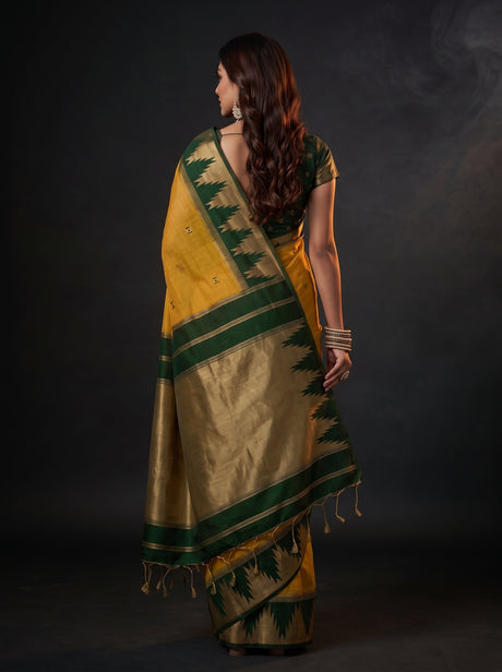 MIMOSA Mustard Banarasi Cotton Saree — Saree shot pallu and body