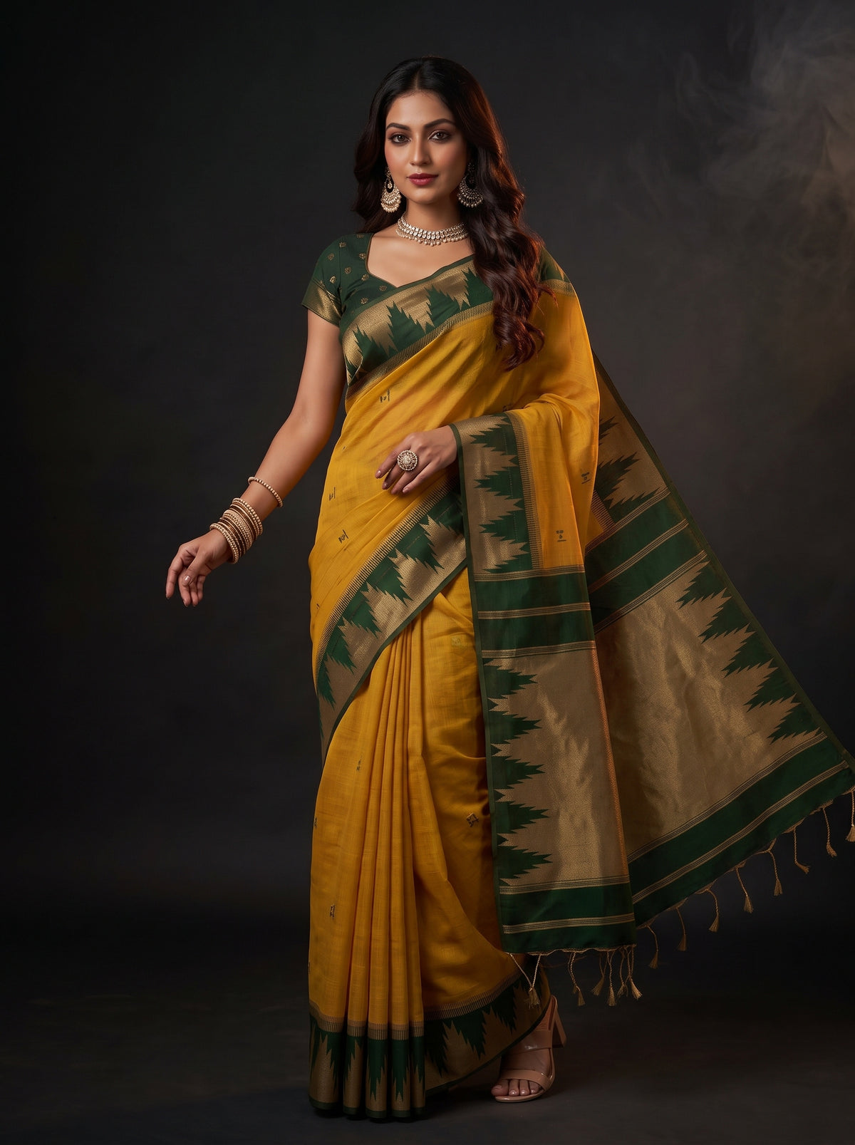 MIMOSA Mustard Banarasi Cotton Saree — pose 9 styling detail