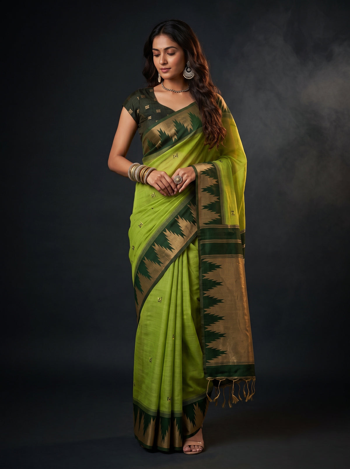 MIMOSA Parrot Green Banarasi Cotton Saree — AI Model lifestyle pose