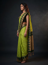 MIMOSA Parrot Green Banarasi Cotton Saree — Saree shot pallu and body