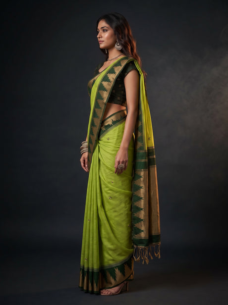 MIMOSA Parrot Green Banarasi Cotton Saree — Saree shot pallu and body