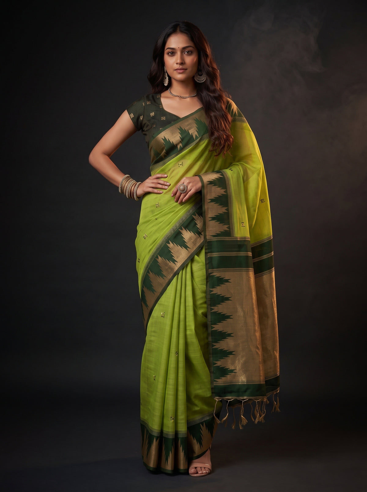 MIMOSA Parrot Green Banarasi Cotton Saree — pose 4 styling detail