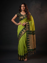 MIMOSA Parrot Green Banarasi Cotton Saree — pose 4 styling detail