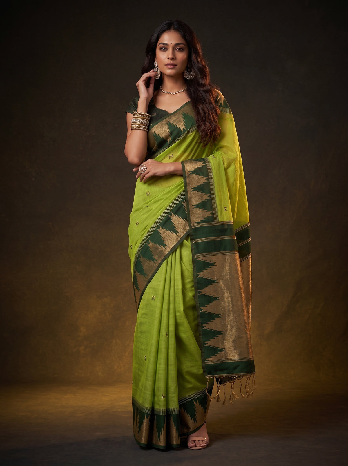 MIMOSA Parrot Green Banarasi Cotton Saree — pose 5 styling detail
