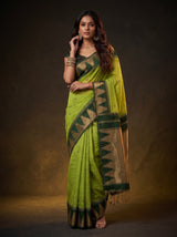 MIMOSA Parrot Green Banarasi Cotton Saree — pose 5 styling detail