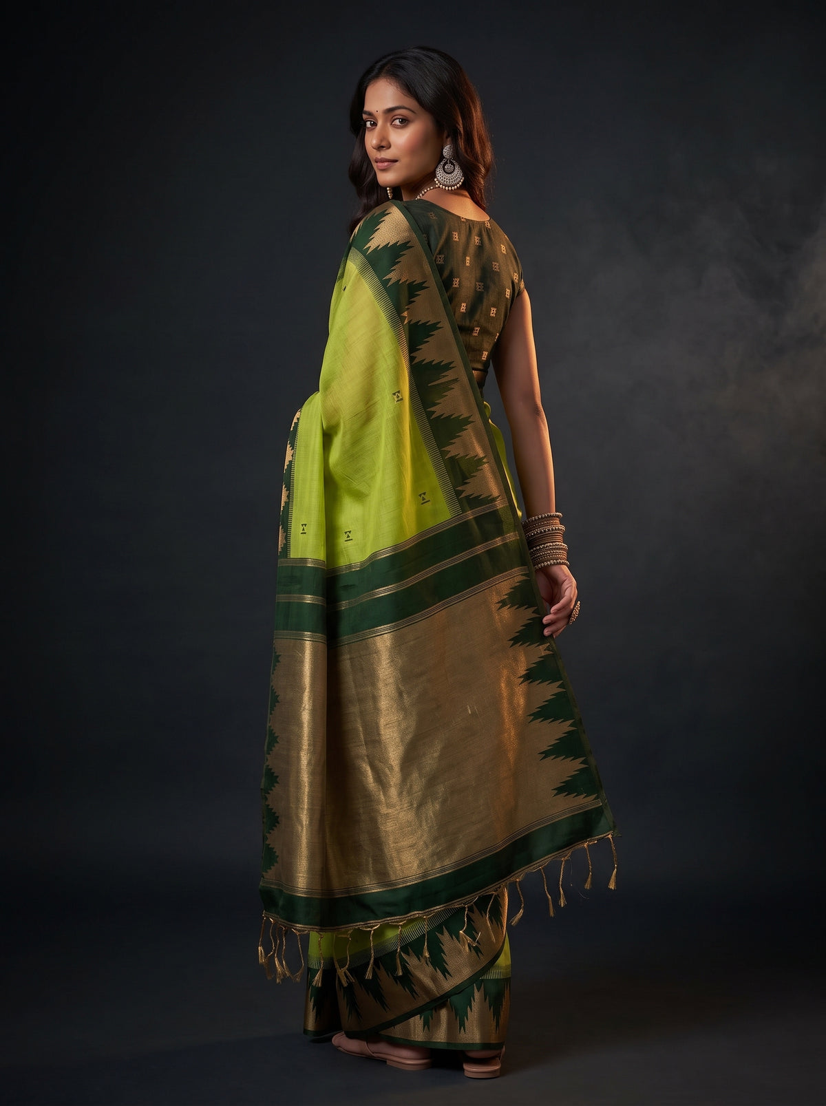 MIMOSA Parrot Green Banarasi Cotton Saree — pose 7 styling detail