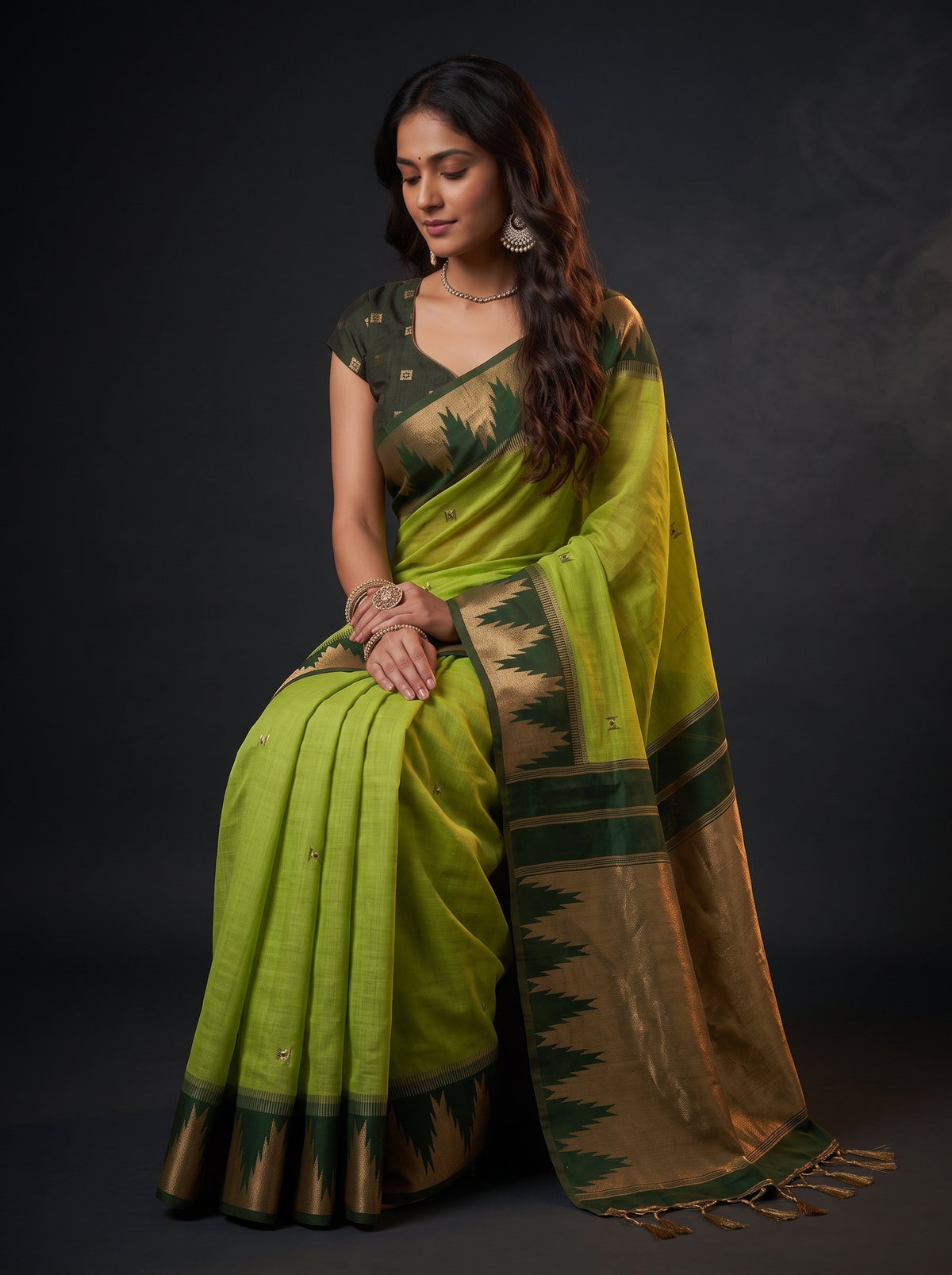 MIMOSA Parrot Green Banarasi Cotton Saree — pose 8 styling detail